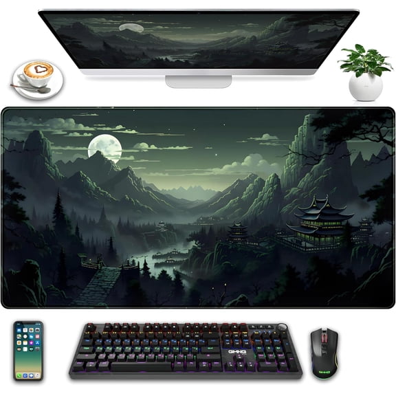 XXL Large Gaming Mouse Pad Anime Green Moon Mountains Desk Mat, Desk Decor Mousepad Computer Mat, Non-Slip Rubber Base Desk Pad, Laptop Keyboard and Mouse Mat with Stitched Edges, 31.5x15.75 in
