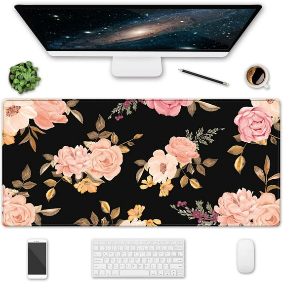 XXL Large Gaming Mouse Pad & Desk Protector (35.5"x15.75") with Non-Slip Base, Waterproof Surface | XXL Mouse Pad with Stitched Edges for Office Work, Gaming, Home Desk - Peony Flowers