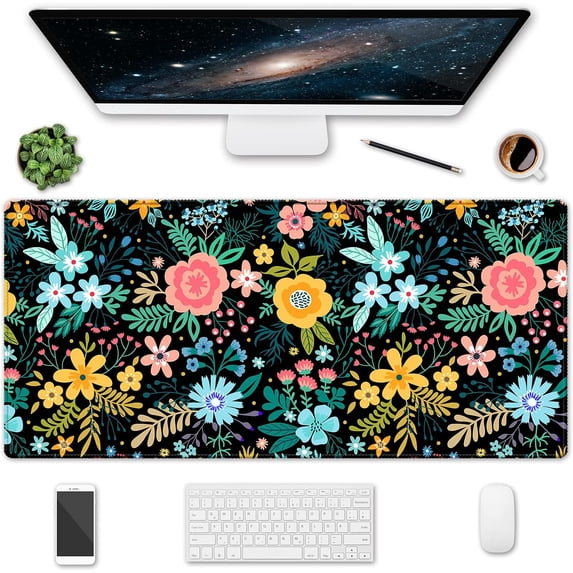 XXL Large Gaming Mouse Pad & Desk Protector (80 x 30cm) with Non-Slip Base, Waterproof Surface | XXL Mouse Pad with Stitched Edges for Office Work, Gaming, Home Desk - Blooming Floral