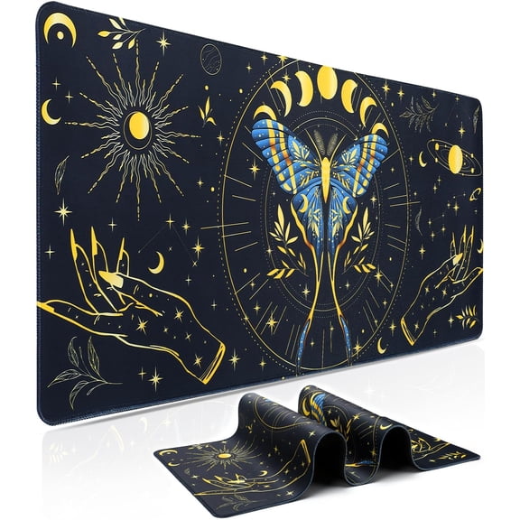 XXL Large Gaming Mouse Pad - Mystical Moth Mouse Pad 35.4" x 15.7" Extended Desk Mat with Stitched Edges, Non-Slip Base Water Resist Keyboard Pad, Big Mouse Pad for Gamer, Office, Home