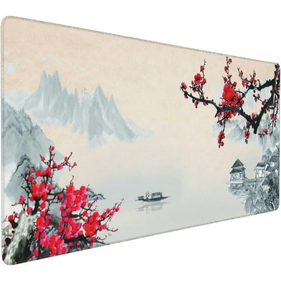 XXL Large Gaming Mouse Pad,Sakura Cherry Blossom Extended Desk Pad Non-Slip Rubber Base 35.4x15.7in with Stitched Edges Waterproof Full Desk Pads Computer Gaming Mousepads for Work/Game/Office
