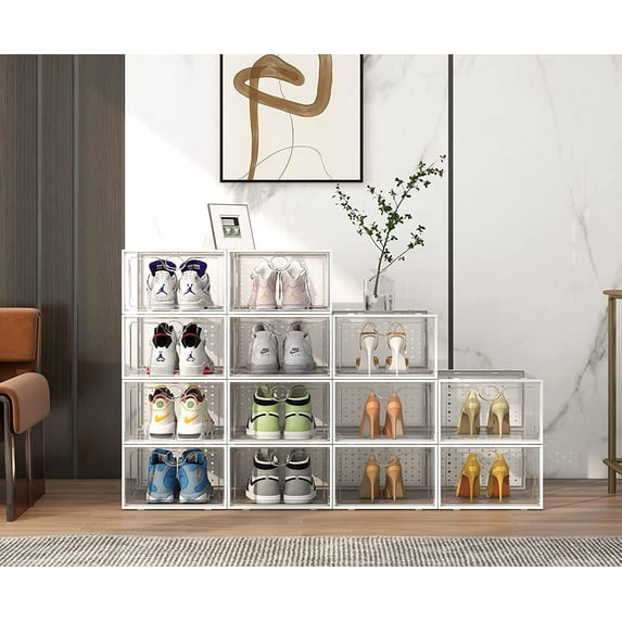 XXL Clear Plastic Stackable Shoe Storage Boxes for Size 14, 12 Pack Sneaker Organizer with Easy Assembly