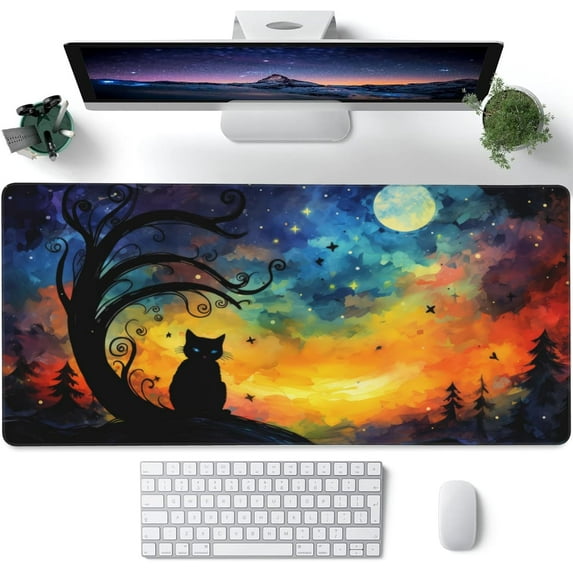 XXL Mouse Pad,Black Cat Under The Moon Large Gaming Mouse Pad,Northern Lights Night Sky Desk Mat,Extended Big Computer Keyboard Desk Pad with Non-Slip Base and Stitched Edge 35.4"x15.7"