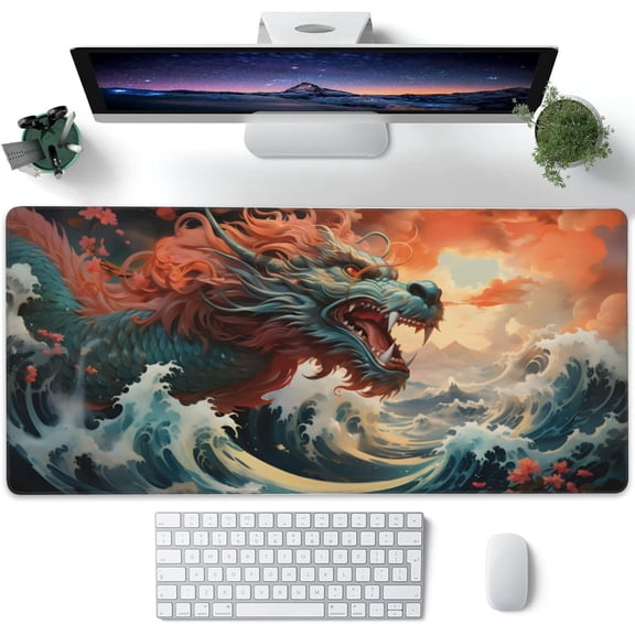 XXL Mouse Pad, Dragon and Blue Ocean Large Desk Mat for Desktop, Extended Large Gaming Mouse Pad Mouse Mat with Non-Slip Rubber Base Stitched Edges for Computer Keyborad Home Office Desk 35.4"X15.7"