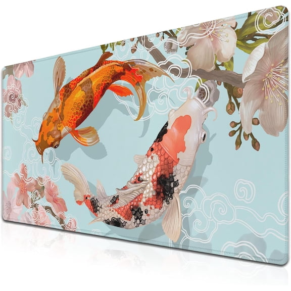 XXL Mouse Pad, Gaming Mousepads Desktop Mats, Extra Large Desk Pad Non-Slip Rubber Base Waterproof with Stitched Edges, 35.4 X 15.7 inch for Work/Game/Office/Home Japanese Traditional Fish