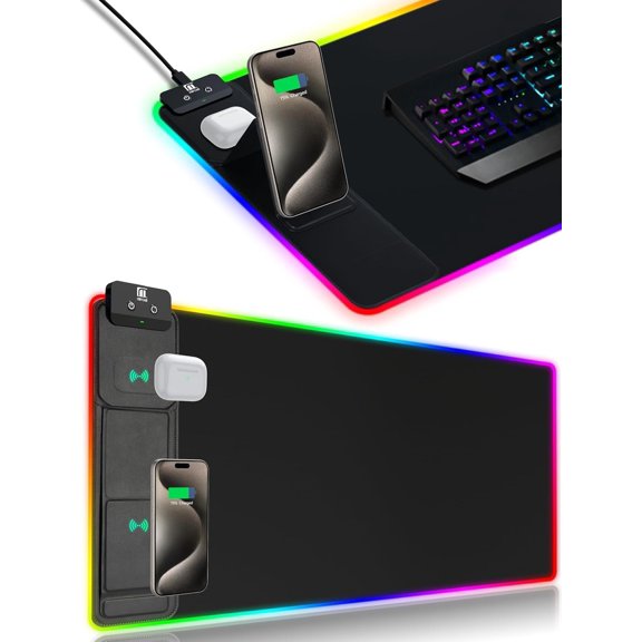 XXL Mouse Pad with Phone Holder and 15W Wireless Charging, RGB LED Desk Mat, Waterproof Non-Slip, Black
