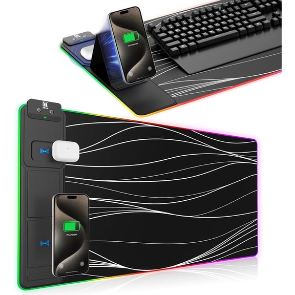 XXL Mouse Pad with Phone Holder and 15W Wireless Charging, RGB LED Desk Mat, Waterproof Non-Slip, Wave Color
