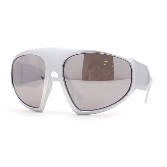 XXL Oversize Exaggerated 90s Wrap Sport Plastic Sunglasses Silver - Silver Mirror