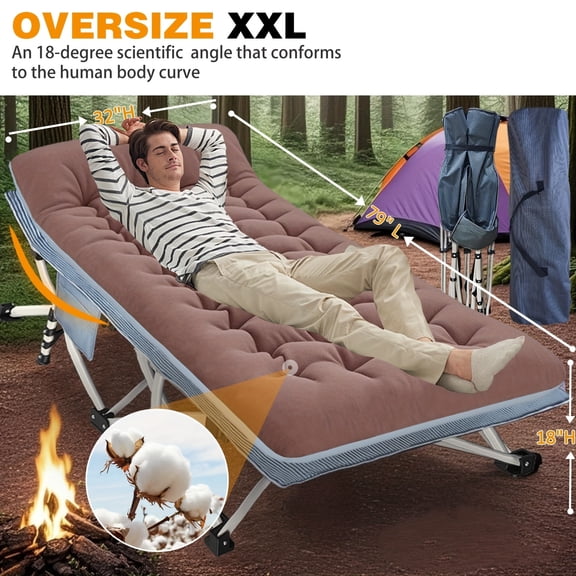 XXL Oversized 32" Extra Wide Camping Cot with Comfortable Mattress - Heavy Duty Folding Bed w/Carry Bag, Sturdy Steel Frame - Must-Have for Adults Home, Office, Outdoor Travel & Camping Adventures