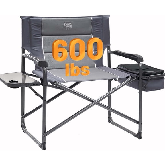 XXL Oversized Directors Chair for Outdoor, Patio, Tailgating Heavy Duty Steel Frame, Black, 600lbs Capacity, Includes Cooler Bag Table