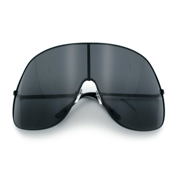 XXL Oversized Metal Rim Curved Monolens Shield Racer Sunglasses All Black