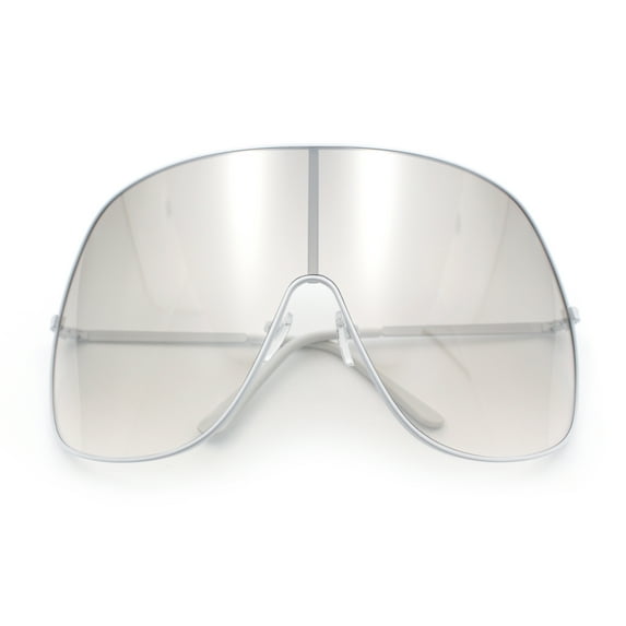 XXL Oversized Metal Rim Curved Monolens Shield Racer Sunglasses White - Silver Mirror