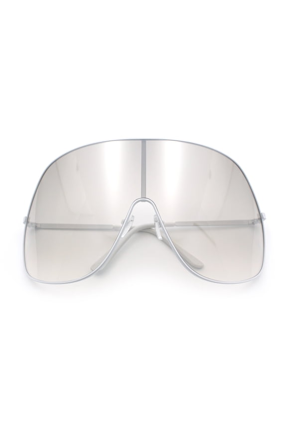 XXL Oversized Metal Rim Curved Monolens Shield Racer Sunglasses White - Silver Mirror