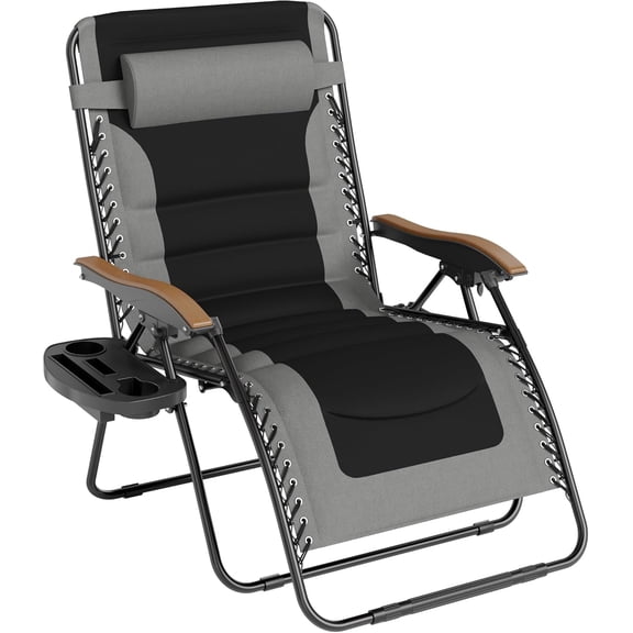XXL Oversized Padded Zero Gravity Chair, Foldable Patio Recliner, 30" Wide Seat Anti Gravity Lounger with Cup Holder, Support 400 LBS (Grey)