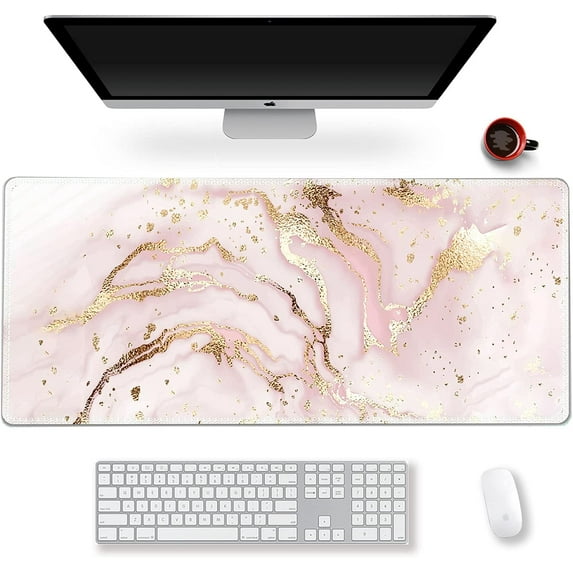 XXL Pink Marble Extended Gaming Mouse Pad - Large Keyboard Mat, Non-Slip Rubber Base, Stitched Edges, Ideal for Work, Game, Office, Home, 35.1x15.7 Inch