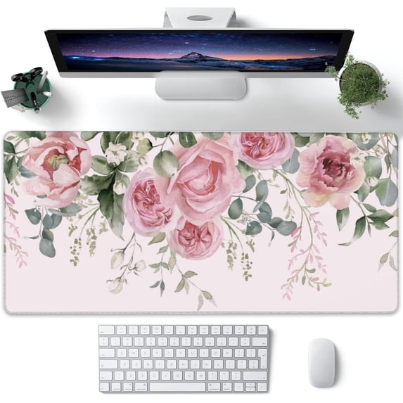 XXL Pink Peony Eucalyptus Leaves Desk Mat 35.4x15.7in Extended Gaming Mouse Pad Non-Slip Rubber Base Stitched Edges Ideal for Home & Office