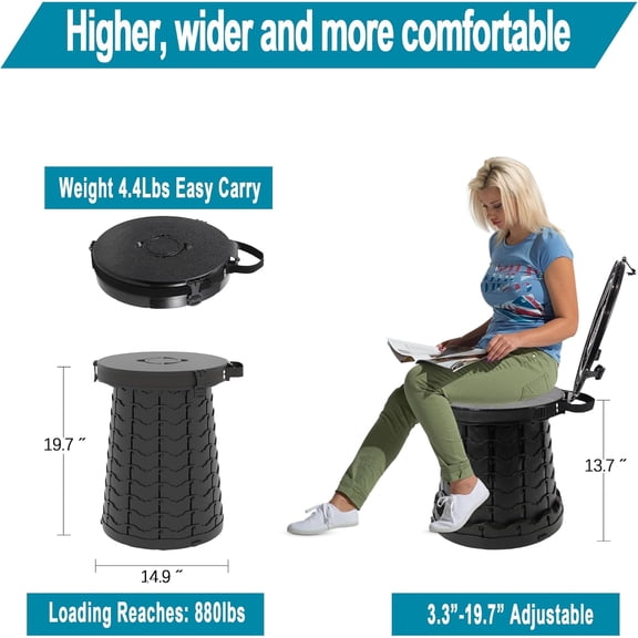 XXL Portable Toilet - 19.7" H Taller Wider Collapsible Foldable Camping Toilet with Lid, Strap, Bag - Adjustable for Camping, Hiking, Travel and Car