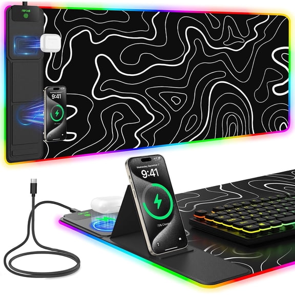 XXL RGB Gaming Mouse Pad with Foldable Phone Holder and Dual Qi Wireless Charger 31.5" x 15.75"