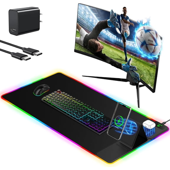 XXL RGB Gaming Mouse Pad with Foldable Phone Holder and Dual Qi Wireless Charger 31.5"x15.75" Black