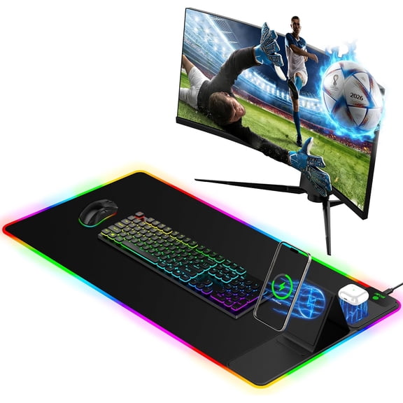 XXL RGB Gaming Mouse Pad with Foldable Phone Holder and Dual Qi Wireless Charger 31.5"x15.8" Black