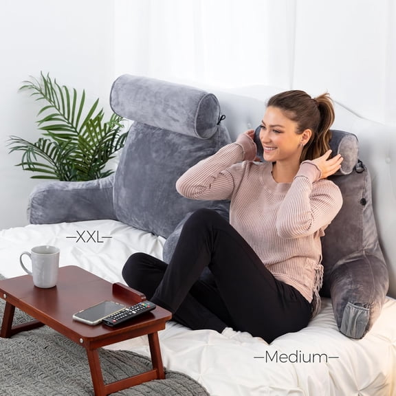 XXL - Reading Pillow Bed Chair with Arms & Back Support - Dark Grey - Back Pillow for Sitting Up - Bed Rest Arm Pillow - Comfy Reading Pillow for Adults