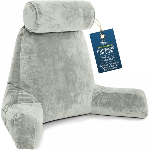 XXL Reading Pillow for Bed Backrest with Arms Desert Sage Shredded Memory Foam Microplush Cover and Detachable Neck Roll