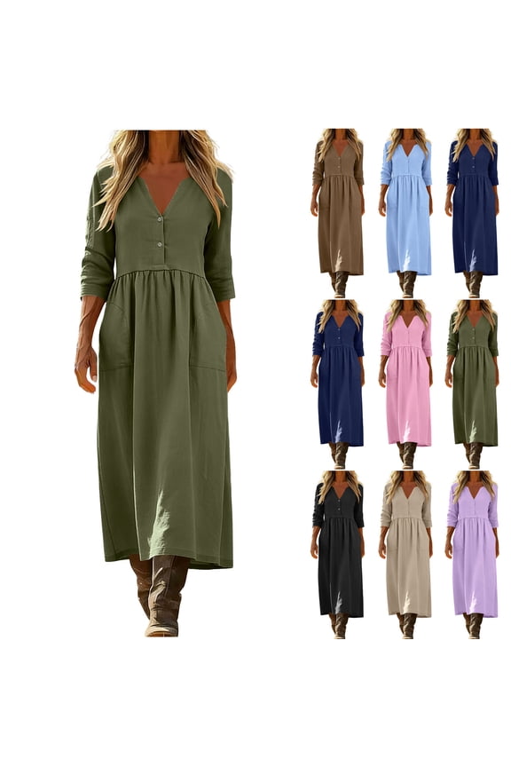 XXL Shirt Dresses for Women Cotton Linen Shift Dress Casual 3/4 Sleeve V Neck Maxi Dresses Loose Fit Solid Color Spring Summer Long Dress for Office Work Vacation Daily Wear Purple