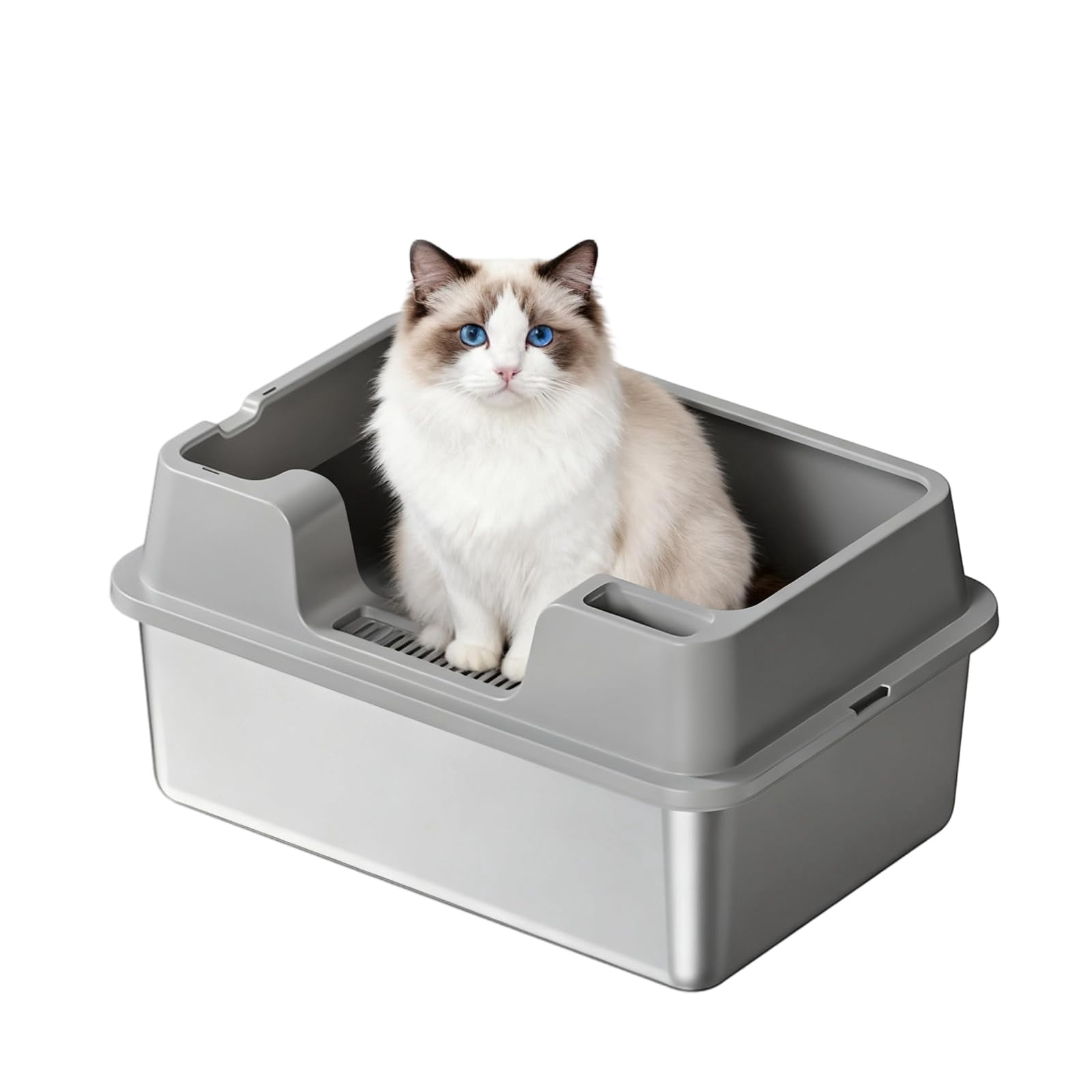 XXL Stainless Steel Cat Litter Box – High Sides with Lid, Semi-Enclosed, Leak-Proof, Odor Neutral, Non-Stick – for Large Cats, 23.6"x15.7"x10.6/8.7"