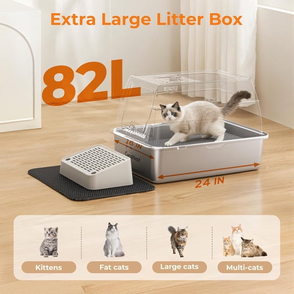 XXL Stainless Steel Cat Litter Box with Lid, 3-in-1 Enclosed Top Entry Metal Litter Box for Large & Multi Cats, Non-Stick & Leak-Proof, Odor Control, Easy-Clean, Yellow