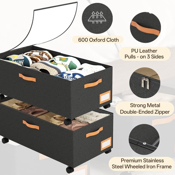 XXL Under Bed Storage Bins 12in Rolling Containers with Metal Frame and Clear Lids for Bedroom, Closet, and Drawers