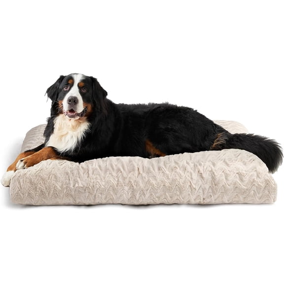 XXL Washable Reversible Dog Crate Bed, 47 x 29 Inch Plush Faux Fur and Linen-Style Pet Sleeping Mat, Beige