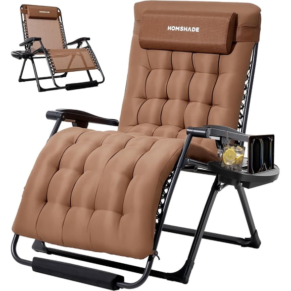 XXL Zero Gravity Chair with Cushion, 33In Oversized Zero Gravity Lounge Chair, Patio Outdoor Recliner Chair for Indoor Outdoor with Headrest, Cup Holder, Footrest Support 500Lbs, Brown
