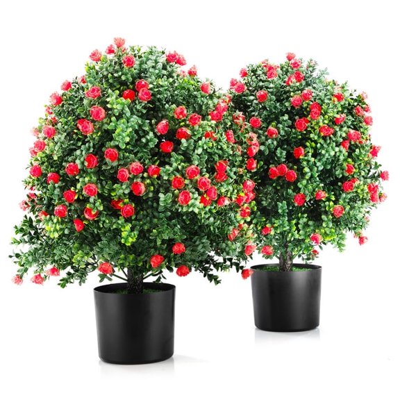 XXLYY 21.6" Artificial Rose Topiary Ball Tree, Faux Rose Planter Bushes, Realistic FakeFlower Topiary for Porch, Patio, Garden & Home Decor