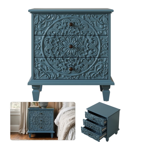 XXLYY 3 Drawer Wood Nightstand, Vintage Carved Scrollwork Accent Cabinet, Farmhouse Side Table for Bedroom and Living Room