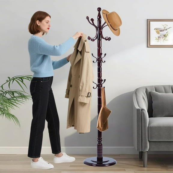 XXLYY 72" Wooden Coat Rack Freestanding - Adjustable Hall Tree Stand with 14 Hooks & stable Base, Heavy Duty Coat Hanger for Entryway, Bedroom, Living Room, office
