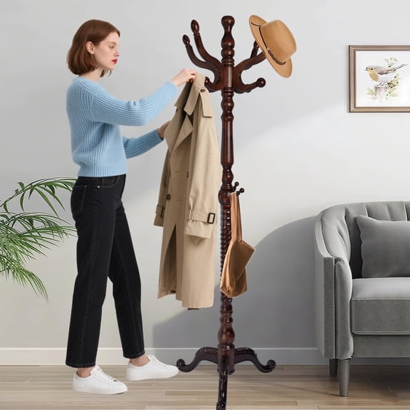XXLYY 75" Wooden Coat Rack Freestanding - Adjustable Hall Tree Stand with 14 Hooks & stable Base, Heavy Duty Coat Hanger for Entryway, Bedroom, Living Room, office