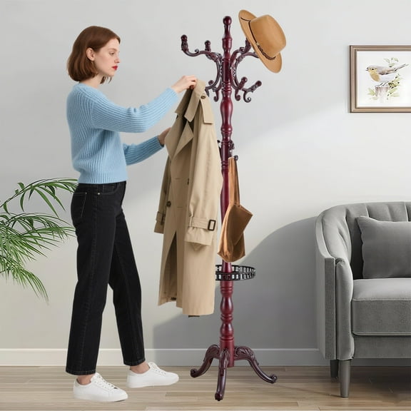 XXLYY 77" Wooden Coat Rack Freestanding - Adjustable Hall Tree Stand with Tray, Heavy Duty Coat Hanger for Entryway, Bedroom, Living Room, Office