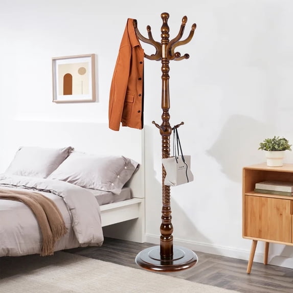 XXLYY Coat Stands For Entryway, Wood Coat Rack Freestanding With 14 Hooks, Adjustable Height Coat Rack Stand for Office Bedroom Living Room To Hang Clothes Hat Bag