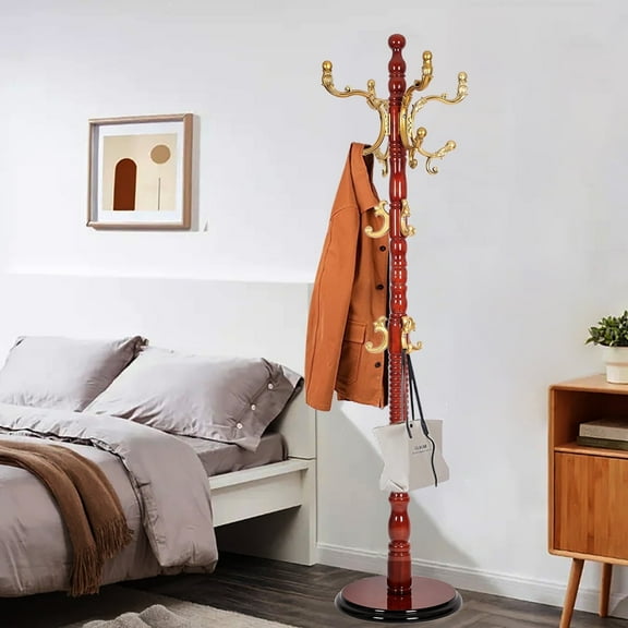 XXLYY Coat Stands For Entryway, Wood Coat Rack Freestanding With 14 Hooks, Adjustable Height Coat Rack Stand for Office Bedroom Living Room To Hang Clothes Hat Bag