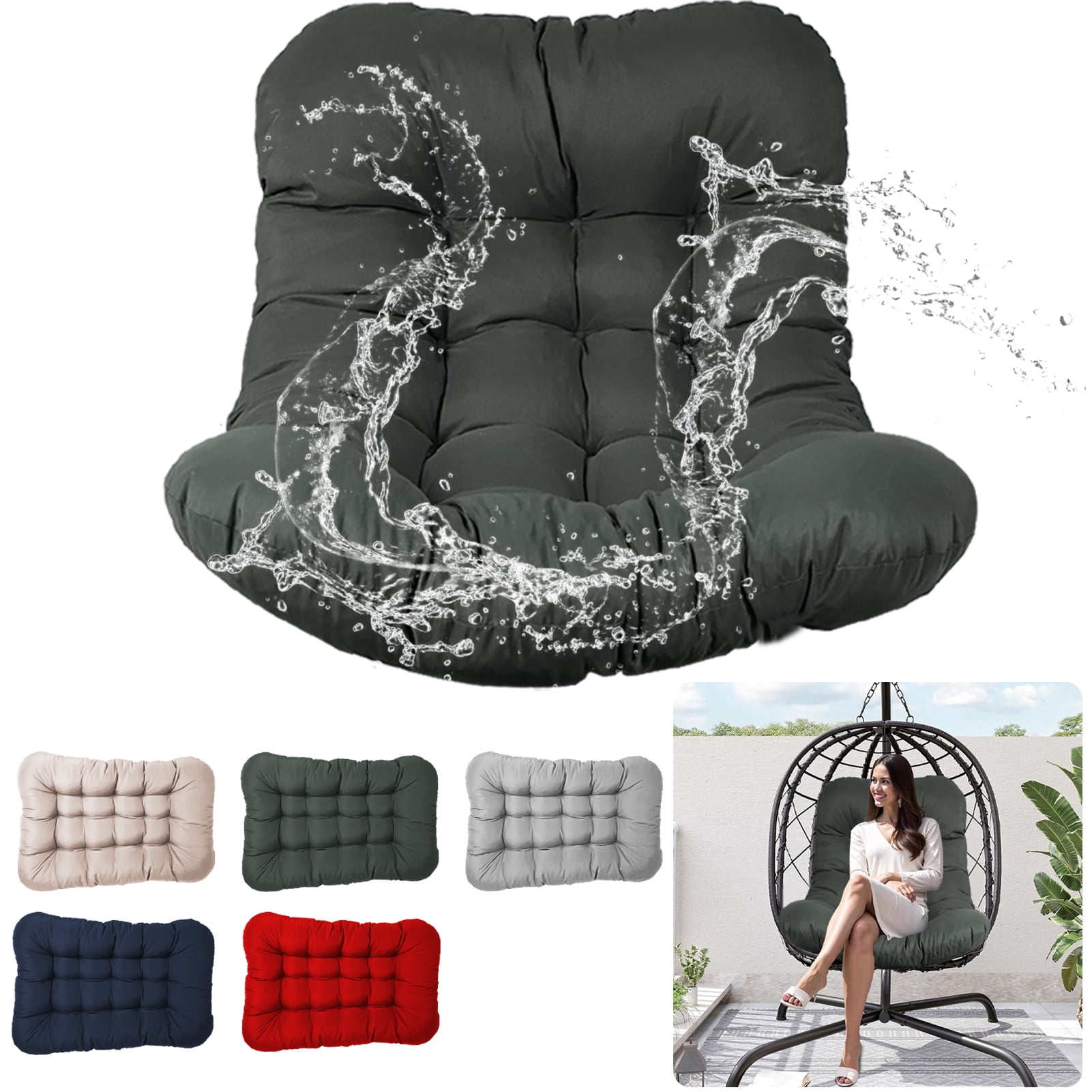 XXLYY Outdoor Egg Chair Cushion Replacement, 7.9”Thick Waterproof Hanging Chair Cushion with Ties for Patio & Porch