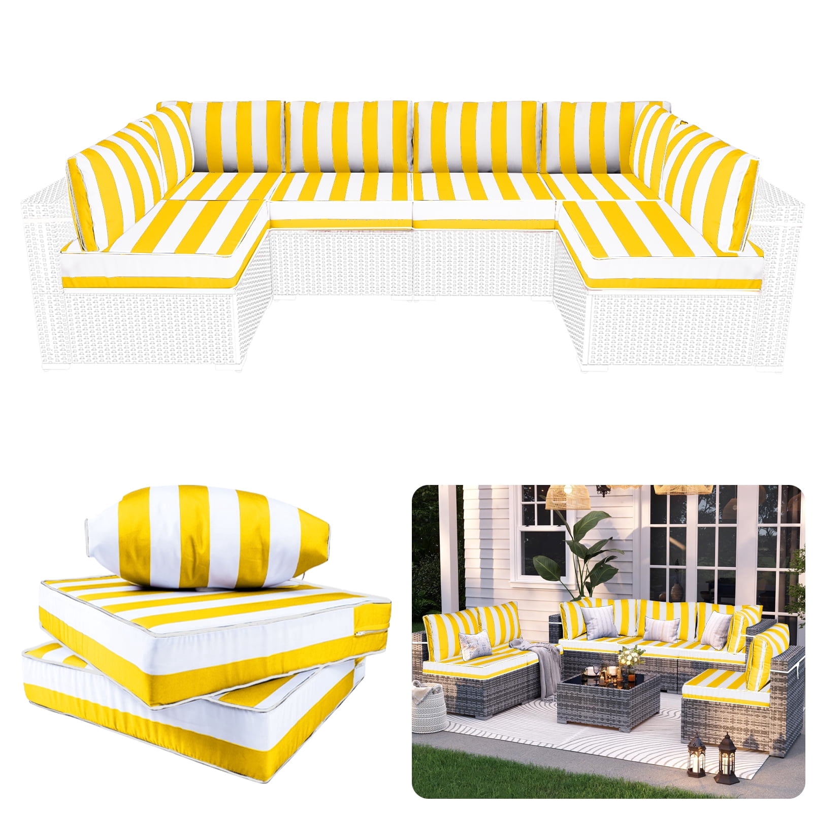 XXLYY Outdoor Replacement Cushions for Patio Furniture, 14 Piece Patio Sectional Cushions, 4" Water-Resistant Replacement Sofa Cushions Fits 6-seat Rattan Conversation Set