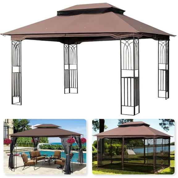 XXLYY Patio Gazebo, Metal Frame Canopy with Double Roofs, Heavy Duty Party Tent with Mosquito Netting, Water-Resistant for Garden Backyard Deck Lawn