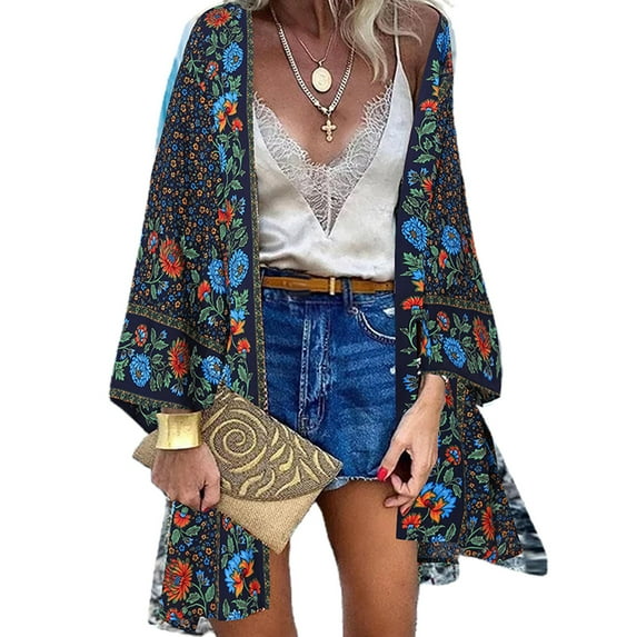 XXLvision Women Floral Bohemian Kimono Cardigan Open Front Hawaiian Holiday Coat Tops