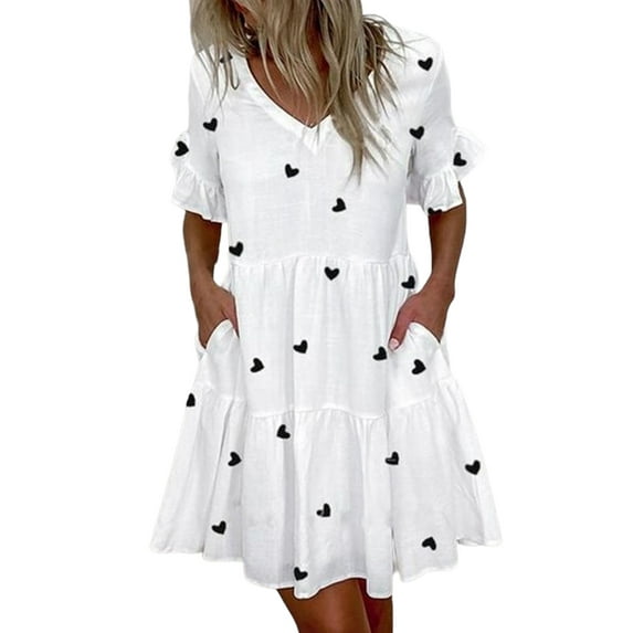 XXLvision Women Floral Print Ruffle Short Sleeve Pleated A-Line Casual Summer Dress