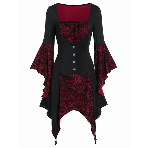 XXLvision Women Halloween Skull Print Bell Sleeve Lace Stitching Party Irregular Tops