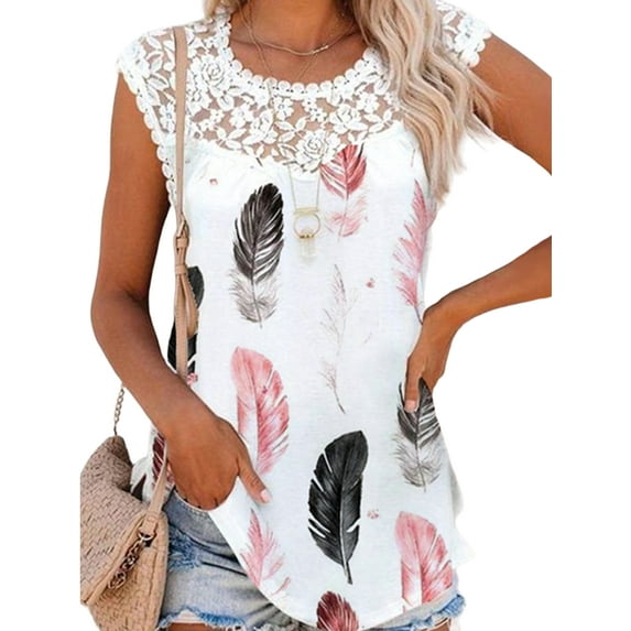 XXLvision Women Printed Lace Stitching Round Neck Casual Tunic Tank Tops