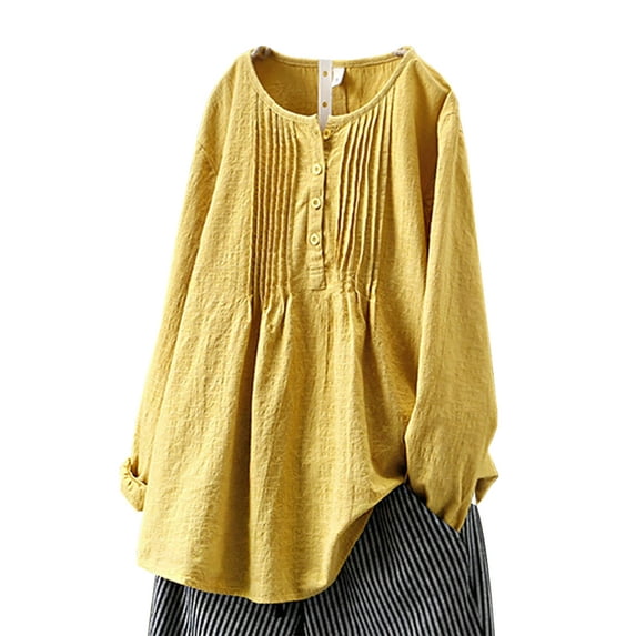 XXLvision Women Solid Color Button Hem Long Sleeve Round Neck Casual Loose Top Blouse