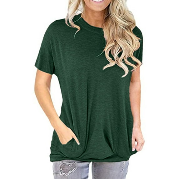 XXLvision Women Solid Color Crew Neck Front Pockets Short Sleeve Pullover Top