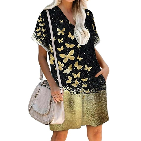 XXLvision Women V-Neck Rolled Short Sleeve Knee Length Printed Tunic Dress With Pockets