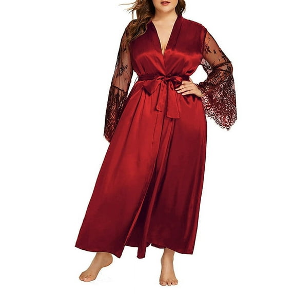 XXLvision Women's Plus Size Lace Satin Lingerie Kimono Nightgown Bath Robe Sleepwear Nightwear